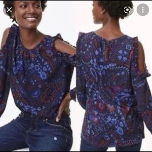 Loft Paisley & Floral Print Cold Shoulder Top Size Small in Blue & Purple